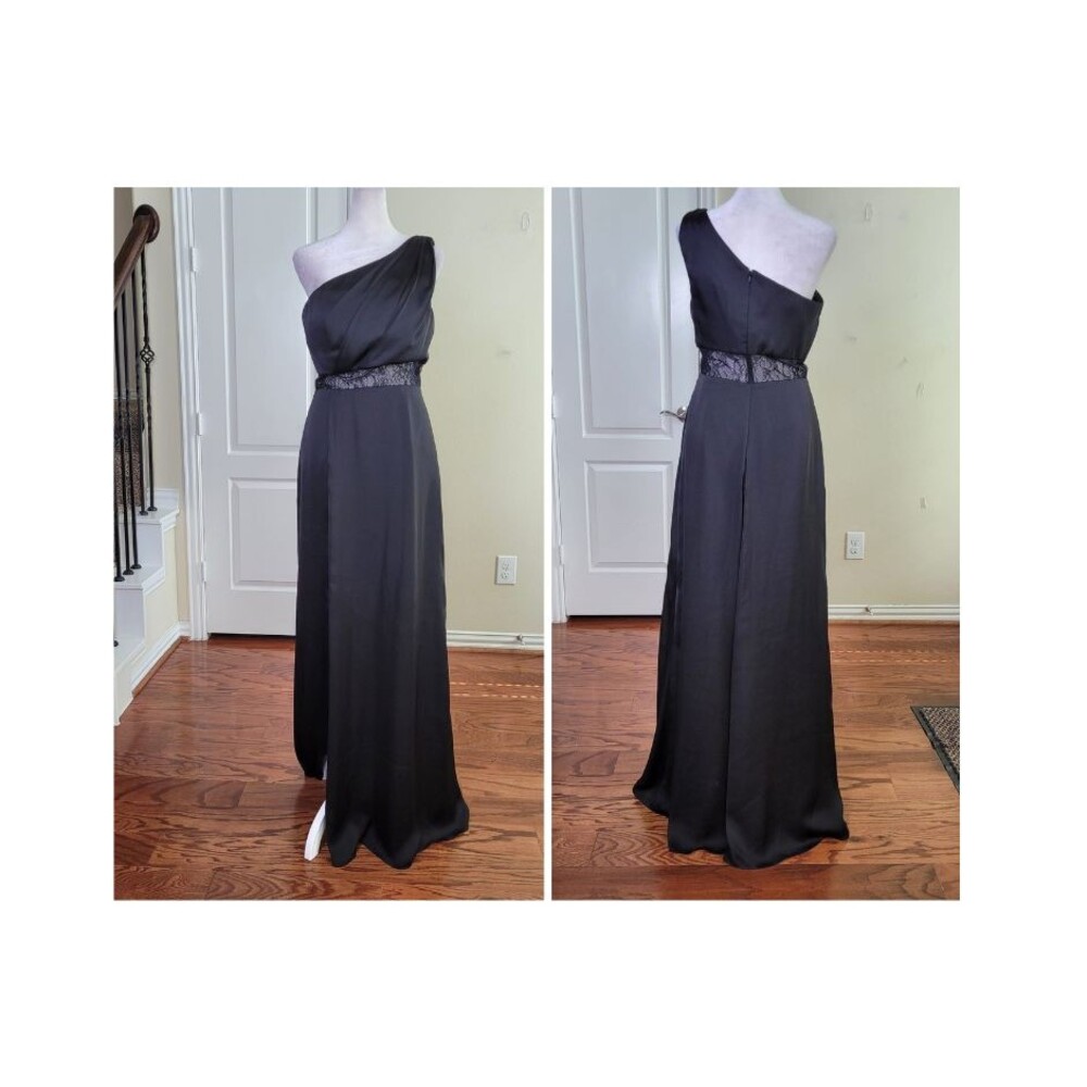 BELSOIE One Shoulder Prom Dress Black Women 8 Satin Lace Goth Bridesmaid Wedding